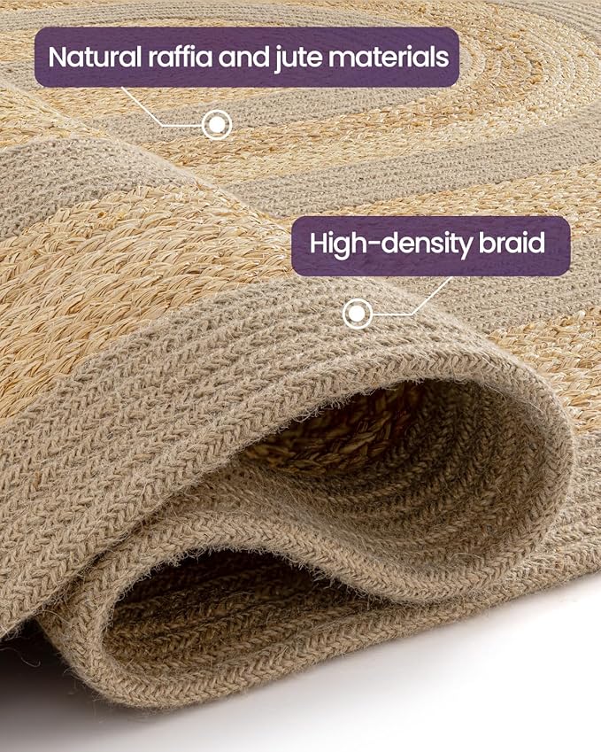 DEXI Jute Area Rug Natural Fiber 4x6 Oval, Woven Braided Durable Farmhouse Design Rugs for Living Room, Bedroom Dinning Room Office Outdoor Patio, Natural/Beige