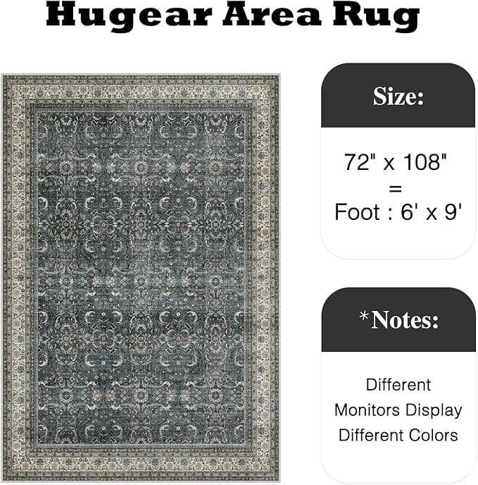 HUGEAR Area Rug 6x9 Vintage Black Machine Washable Living Room Rugs Distressed Retro Floral Vacuumable Low Pile Carpet Bedroom Office Dining Room Laundry Room Non Slip Soft Lightweight