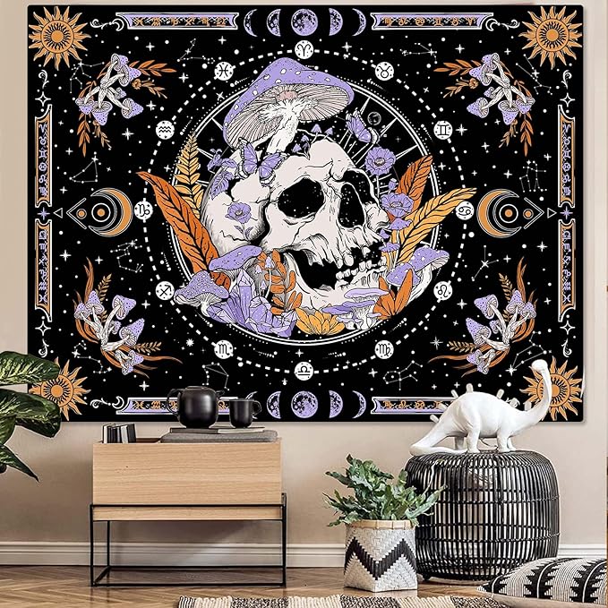 Aipon Purple Skeleton Tapestry Bedroom Skull Mushroom Tapestries Hippie Nature Plants Floral Flower Aesthetic Tapestry Wall Hanging for Living Room Dorm (Purple, 48'' × 36'')