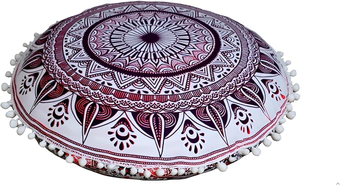CRAFT KALA Round Mandala Meditation Cushion Cover, Floor Pillow or Cushions Cover, Yoga Seat Cover Seating Poufs Cover for Living Room 32", Pink Trishul