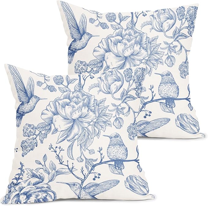 Chinoiserie Blue White Floral Pillow Covers 18X18 Inch French Country Vintage Flowers Bird Decorative Pillow Cases Set of 2 Seasonal Cotton Linen Throw Pillows Farmhouse Home Decor For Sofa Couch