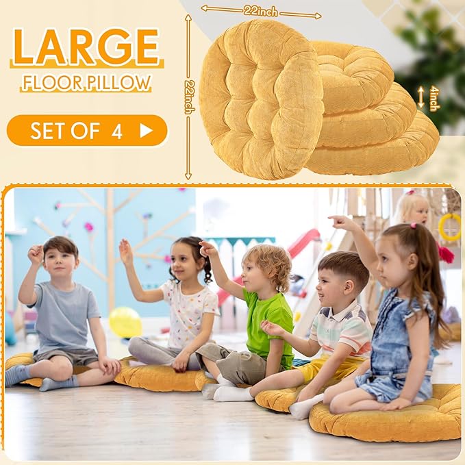 Jerify Floor Pillow Cushions Large Round Square Large Meditation Floor Pillow for Classroom Adult Meditation Picnic Party Seating Learning Daycare School(Round,Yellow,4 Pcs)