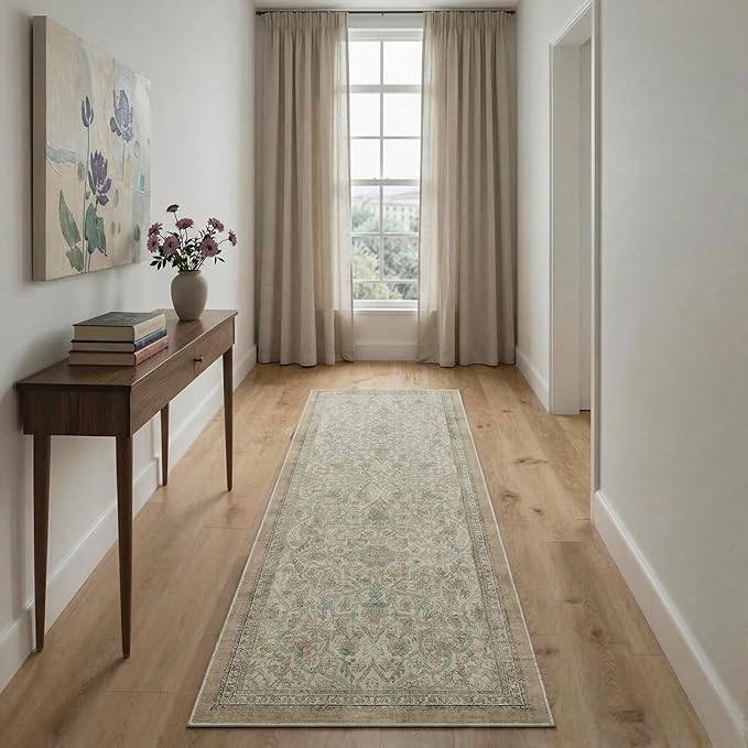 GENIMO Runner Rug 2x6 Non Slip Machine Washable Vintage Hallway Runner Rug, Low Pile Lightweight Rugs for Entryway, Hallway, Kitchen and Corridor, Dusty Beige