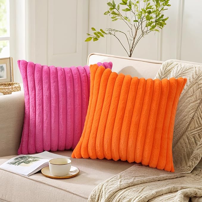Pallene Faux Fur Plush Throw Pillow Covers 22x22 Set of 2, Luxury Soft Fluffy Striped Decorative Pillow Covers for Sofa, Couch, Living Room, Hot Pink