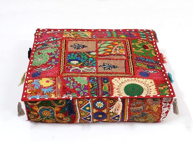 Mam Treasures Indian Bohemian Decorative Pillow Vintage Cushion Cover Patchwork Square Floor Pillow Cover Meditation Cushion Large Floor Pillow Indian Cushion (Red, 18 X 18 X 5 Inch)