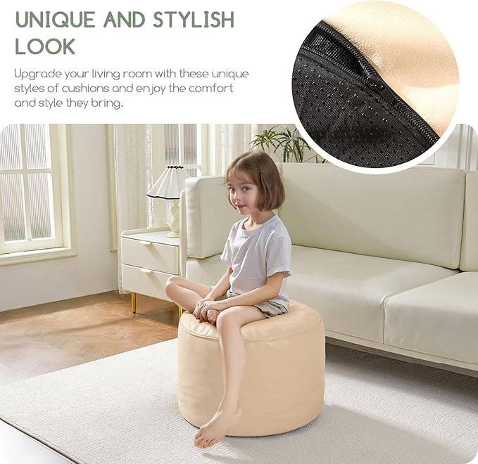 HIGOGOGO Round Stuffed Pouf Ottoman, Pu Leather Poufs with Foam Chunk Filling, Furry and Fluffy Pouf Foot Stool Storage Ottoman, 20 X 15 Floor Poufs Foot Rest for Living Room, Beige