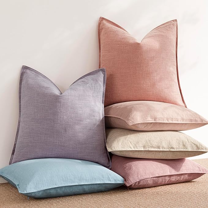 Foindtower Pack of 2, Decorative Linen Soild Throw Pillow Covers Soft Accent Euro Cushion Case Boho Farmhouse Pillowcase for Chair Couch Sofa Bedroom Living Room Home Decor 18 x 18 Inch Coral Pink