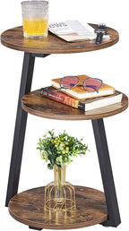BEWISHOME Round End Table Side Table with Metal Frame, Accent Nightstand Bedside Table with 3-Tier Shelves, Small Couch Coffee Table for Living Room Bedroom Rustic Brown KTZ41Z