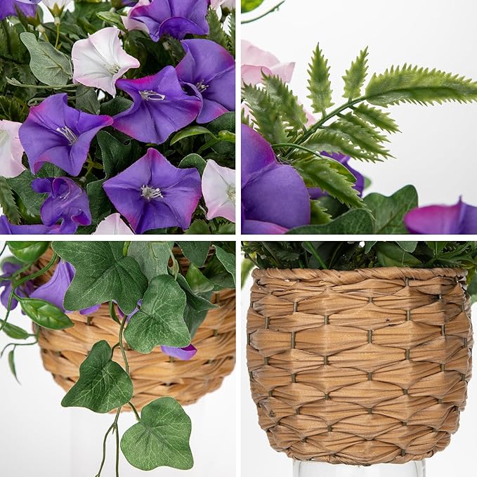 Briful Artificial Flower Arrangement with Rattan Basket Fake Potted Morning Glory Silk Flowers Faux Flower Table Centerpiece for Home Office Bathroom Wedding Farmhouse Decor(Pale Purple)