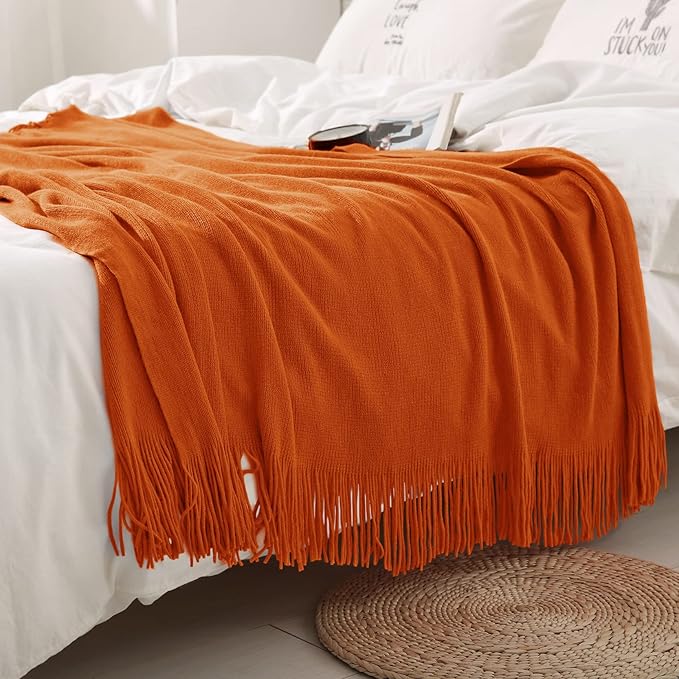 Homiest Decorative Knitted Throw Blanket with Fringe, Lightweight & Soft Acrylic Knit Blanket Tassel for Couch, Sofa, Bed (Dark Orange, 50 x 60 Inch)