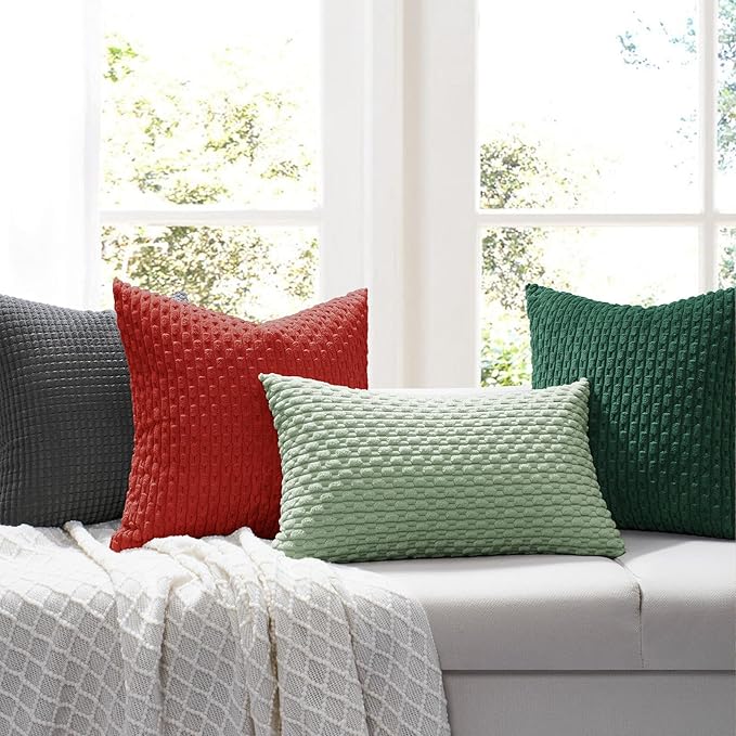 Softalker Throw Pillow Covers 18x18 Inch, Set of 2, Soft Corduroy Boho Stripe Decorative Pillow Cover, Couch Fluffy Pillow Cover for Farmhouse Home Decor Bed Living Room, Red