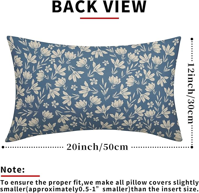 Light Blue Pillow Covers 12x20 Set of 2 Vintage Floral Rustic Old Style Cute Flower Print Rectangle Decorative Outdoor Pillowcases Seasonal Farmhouse Throw Cushion Case Couch Sofa Bed Decor