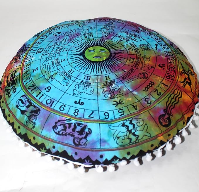 CRAFT KALA Boho Large Floor Pillow Pouf Cover Mandala Meditation Room Pillow Cover for Adults Round Bohemian Seating Pouf Cushion Cover for Kids Playroom 22" Multi Zodiac
