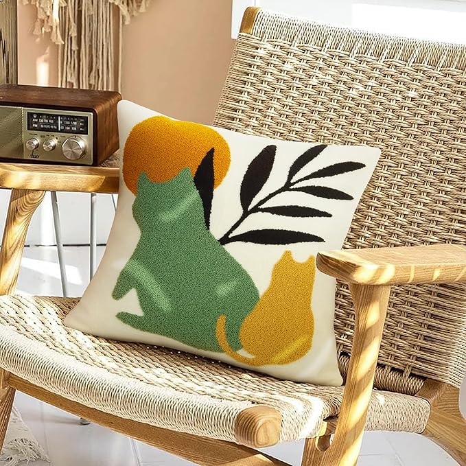 JASEN Boho Textured Throw Pillow Covers 18x18 Cute Absract Cat Tufted Pillow Covers Aesthetic Decorations Cushion Case for Bed Couch Sofa Home Decor（Only 1 Pillow Cover）