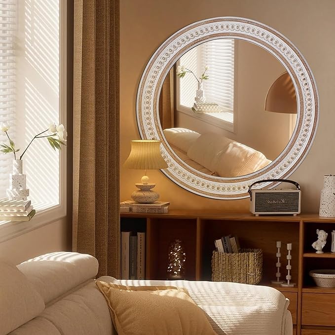 30 Inches Farmhouse Large Round Wall Mirrors Wooden, Rustic Decorative Circle Mirror for Bathroom Over Sink, Bedroom, Living Room, Entryway
