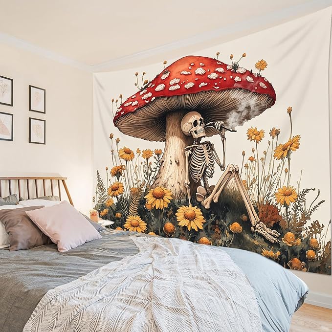 LB Vintage Mushroom Tapestry Gothtic Skeleton Wall Tapestry Rustic Orange Wildflower Wall Decor Tapestries for Bedroom Living Room College Dorm,78Wx60H inches