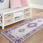 Amearea Vintage Design Area Rugs for Living Room, 2x6 Machine Washable Floral Collection Traditional Bedroom Rug, Low Pile Cute Kids Room Print Carpet, No Slip Office Kitchen Home Decor, Purple