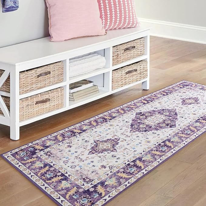 Amearea Vintage Design Area Rugs for Living Room, 2x6 Machine Washable Floral Collection Traditional Bedroom Rug, Low Pile Cute Kids Room Print Carpet, No Slip Office Kitchen Home Decor, Purple