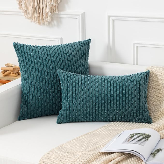Kevin Textile 14x22 Inch Pillow Cover 1 Pack Boho Decorative Soft Striped Corduroy Lumbar Farmhouse Color Accent Rectangle Cushion Case for Living Room Couch Sofa Bed, Teal Blue