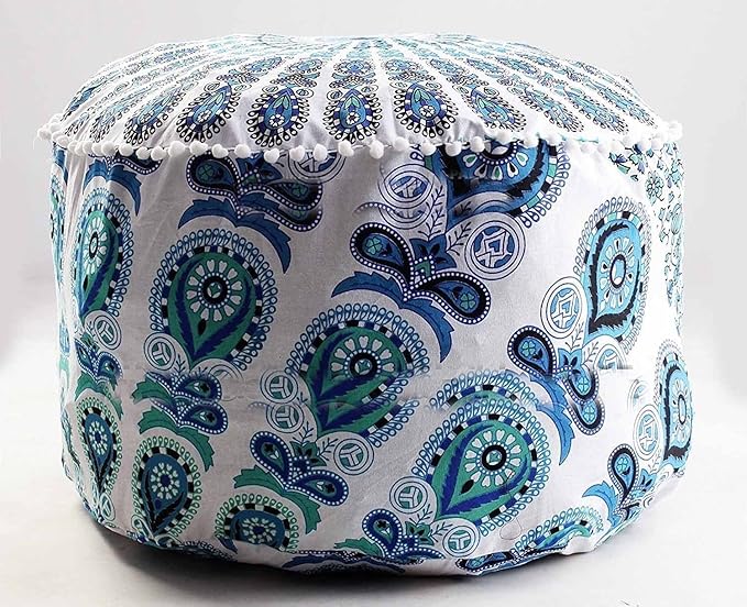 Mandala Round Ottoman Cover Bohemian Footstool Living Room Decor Pillow Sham Hippie Cotton Cushion Cover Meditation Seating Throw Yoga Mat Kids Bean Bag