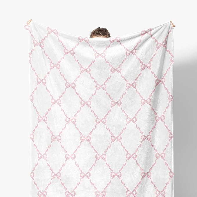 Coquette Pink Bow Blanket, Preppy Throw for Couch Bed Sofa, Cute Girly Bedroom Decor for Girls Women, Coquette Room Decor, 50x60 Inches
