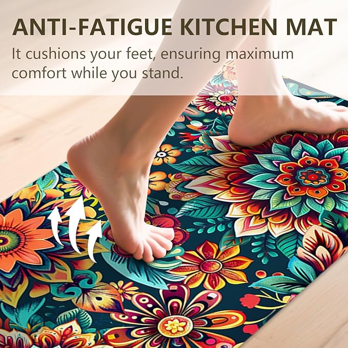 Flower Rugs for Kitchen Floor, 2PCS Anti Fatigue BohoFloral Kitchen Rugs Mats for Floor Rubber Non Slip, Washable Cushioned Colorful Flower Carpet Rug for Sink Laundry 15.7"×27.5" +15.7"×47" 3.5mm