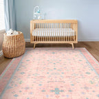 Pink Rugs for Bedroom Girls, 5x7 Washable Area Rug for Living Room Nursery Kids Baby Playroom Indoor Decor, Oushak Floral Vintage Low Pile Boho Non Slip Foldable Carpet