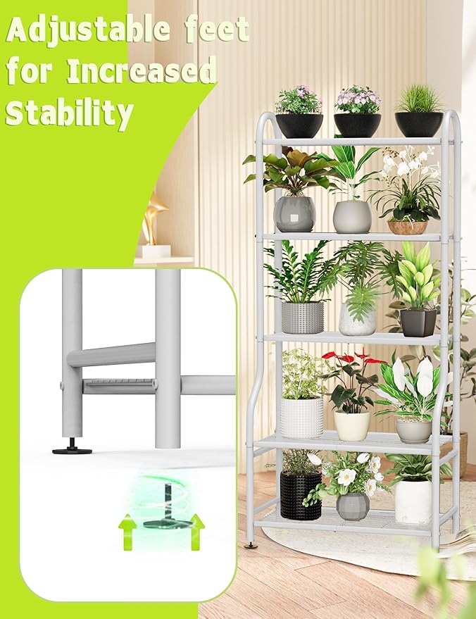 5-Tier Metal Plant Stand - Heavy Duty Indoor Outdoor Flower Shelf for Multiple Pots, 65" Tall Vertical Holder with Adjustable Leveling Feet & Wall-Fixing Kits, White
