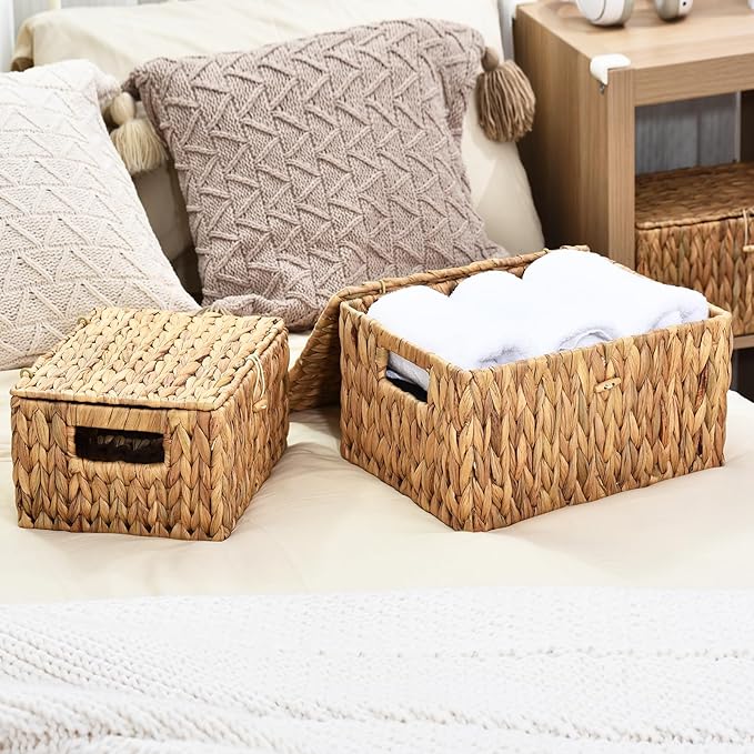 FairyHaus Wicker Storage Baskets with Lids, Set of 2, Natural Water Hyacinth, Rectangular, Large 13"x10"x7" & Small 11.2"x8.3"x5.7"