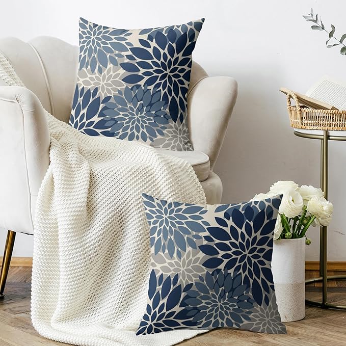 Dark Blue Grey Gray Pillow Covers 16X16 Inch Set of 2, Dahlia Flower Spring Summer Floral Cream Decorative Throw Pillow Covers Outdoor Modern Farmhouse Cushion Case for Home Couch Sofa Bed Decor