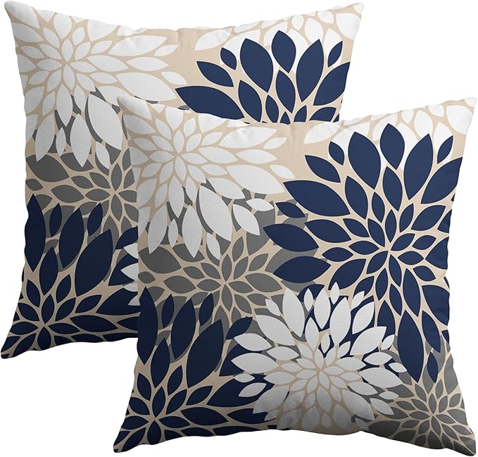 Navy White Grey Gray Pillow Covers 16X16 Inch Set of 2, Summer Modern Geometry Dahlia Floral Print Decorative Throw Pillow Covers Outdoor Farmhouse Cushion Case for Couch Sofa Bed Decor