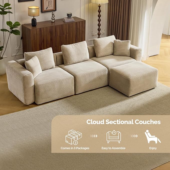VINGLI 112.2“ Convertible Corduroy Cloud Sectional Couches with Movable Ottoman, L-Shaped Boneless Couches for Living Room with Deep Seat, 3 Seater Modular Spineless Sofa, No Assembly Required, Khaki