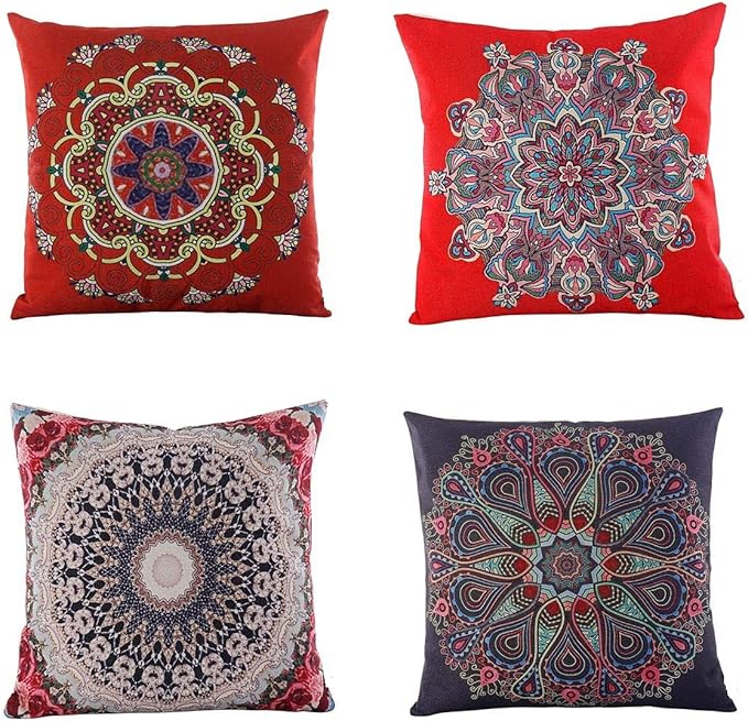 Jartinle Set of 4 Retro Red Floral Mandala Compass Medallion Bohemian Pillow Covers Boho Decor Hippie Ethnic Throw Pillows Decorative for Sofa Couch 18 x 18