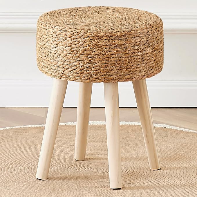 Cpintltr Round Ottoman Footstool Foot Stool Pouf Ottomans with Solid Wood Legs Hand Weave Hyacinth Footrest Step Stool for Living Room Balcony Garden Natural Seagrass
