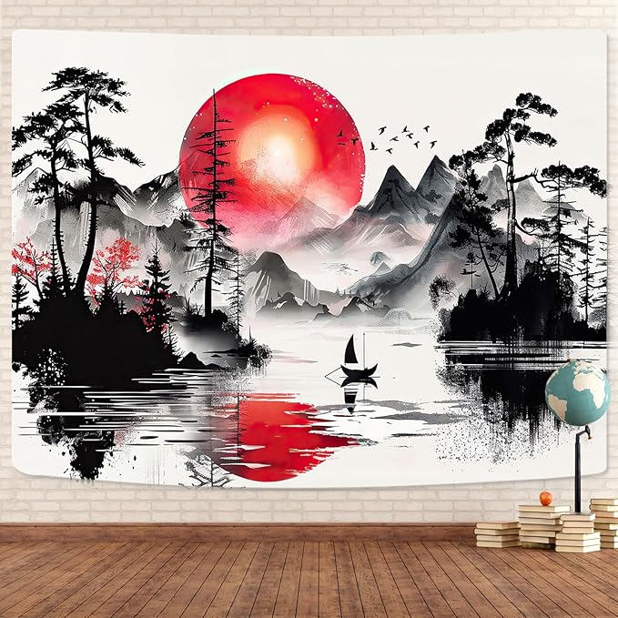 Japanese Red and Black Forest Tapestry, Anime Mountain Tree Sun Aesthetic Tapestry Wall Hanging for Men, Cool Asian Dark Nature Landscape Tapestries Ink Art Decor for Living Room College Dorm, 40X30IN