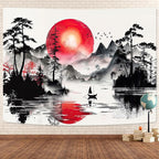 Japanese Red and Black Forest Tapestry, Anime Mountain Tree Sun Aesthetic Tapestry Wall Hanging for Men, Cool Asian Dark Nature Landscape Tapestries Ink Art Decor for Living Room College Dorm, 40X30IN