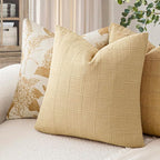 Foindtower Set of 2 Decorative Linen Check Throw Pillow Covers Neutral Farmhouse Vintage Cushion Covers Modern Boho Accent Home Decor for Sofa Chair Couch Bedroom Living Room,22×22 Inch,Light Yellow