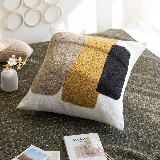 Retro Boho Textured Accent Mid Century Throw Pillow Covers Modern Vintage Minimalist Geometric Decorative Abstract Pillowcase for Sofa,1PC 18x18,Brown Black and Gray