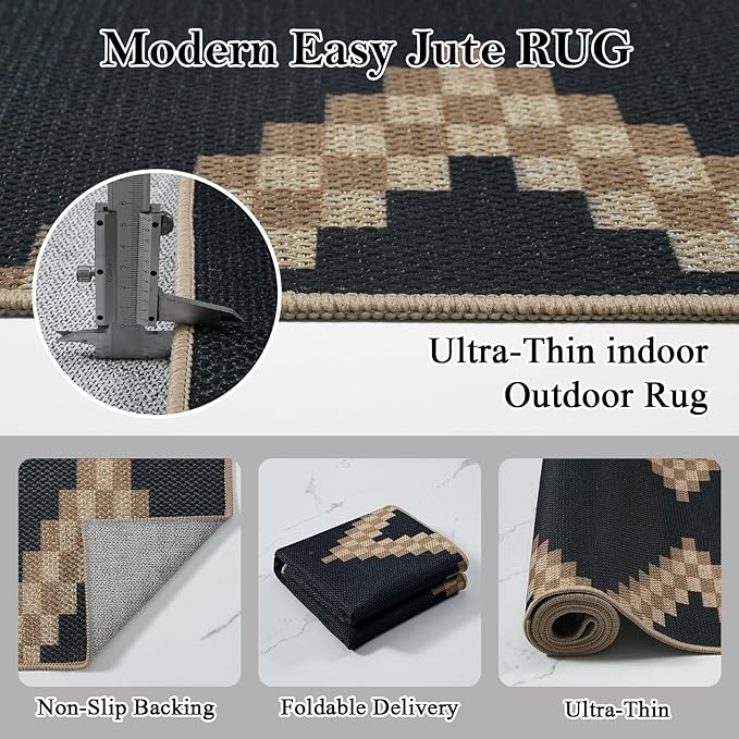 LIVEBOX Easy Jute Runner Rug for Entryway, 2x6 Runners Rug Kitchen Rugs Non Slip, Washable Black and Tan Boho Indoor Runner Rugs for Laundry Room Bedroom, Carpet Runners for Hallway 6ft