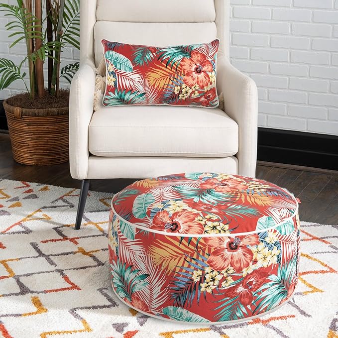 Outdoor/Indoor Inflatable Ottoman Pouf D20 xH9, All Weather Round Footstool with Foot Pump, Water Repellent Portable Footrest with Handle for Patio Garden Camping Travel-Chili Red Floral