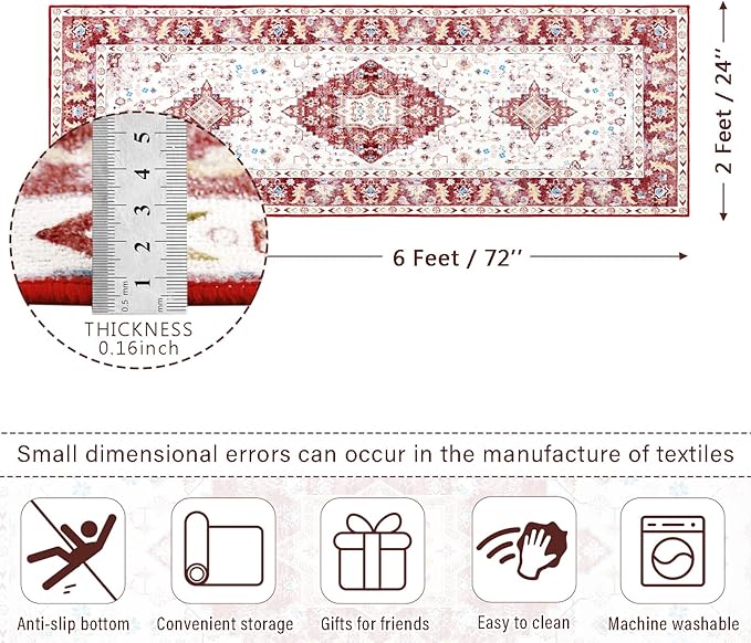 Amearea Vintage Design Runner Rugs for Living Room, 2x6 Machine Washable Floral Collection Traditional Bedroom Rug, Low Pile Cute Kids Room Print Carpet, No Slip Office Kitchen Home Decor, Red