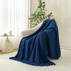 Throw Blanket for Couch, Navy Blue Luxury Knitted Throws 60"x80", Textured Blankets with Handmade Fringe Tassels for Bed Sofa Decorative, Chunky Soft Farmhouse Boho Home Decor