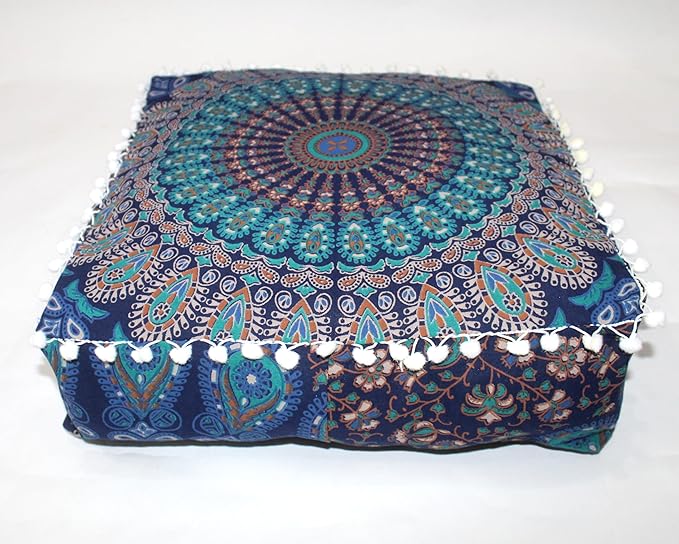 CRAFT KALA Blue Peacock Large Hippie Mandala Meditation Floor Ottoman Pillow Cushion Pouf Cover Square Poufs Bohemian Circle Floor Cushion Case Outdoor Fireplace Living Room Decor Cover 18" Square