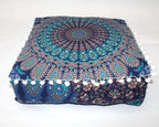 CRAFT KALA Blue Peacock Large Hippie Mandala Meditation Floor Ottoman Pillow Cushion Pouf Cover Square Poufs Bohemian Circle Floor Cushion Case Outdoor Fireplace Living Room Decor Cover 18" Square