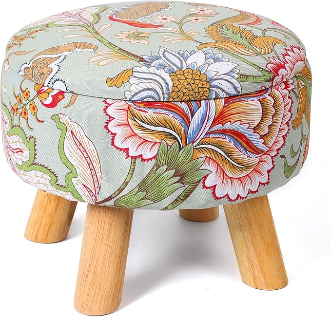 Round Storage Ottoman with Reversible Tray Lid, 12.7 "W x 10.6 "H Upholstered Footrest Pouf with Anti-slip & Scratch-resistant Foot Pads, Stain-Resistant Fabric Pouf, for Living Room, Bedroom, Dorm
