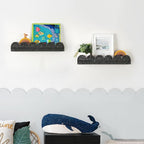 AELS Scalloped Nursery Bookshelf, Set of 2, Picture Ledge Shelf for Wall Decor, Woven Natural Fibre Floating Shelves for Books, Toys, Photo Frames, Nursery, Boho Modern Farmhouse Book Shelf, Black