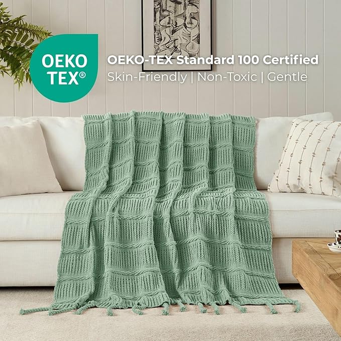 Boho Knitted Chenille Blanket with Tassels - Lightweight & Soft All-Season Throw - 3D Classic Pattern for Living Room Bedroom Couch, Sage Green, Throw 50"x60"