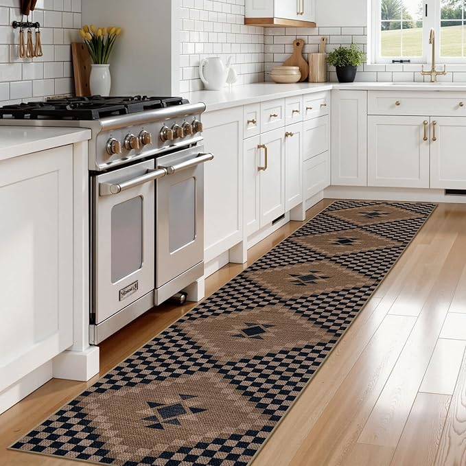 LIVEBOX No Shed Jute Checkered Runners Rug for Hallways Non Slip 2.5x12, Ultra Thin Washable Runner Rug Farmhouse Long Rugs for Kitchen, Black and Beige Floor Carpet for Entryway Laundry Room
