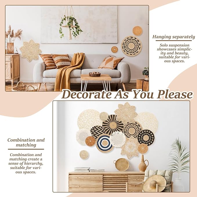 HJJWNDDNG 15 Pack Boho Wall Basket Decor Set, Hanging Woven Seagrass Rattan Wicker Boho Wall Decor, Round Farmhouse Wall Hanging Baskets Rustic Flat Wall Art for Living Room Bedroom Kitchen (Style 7)