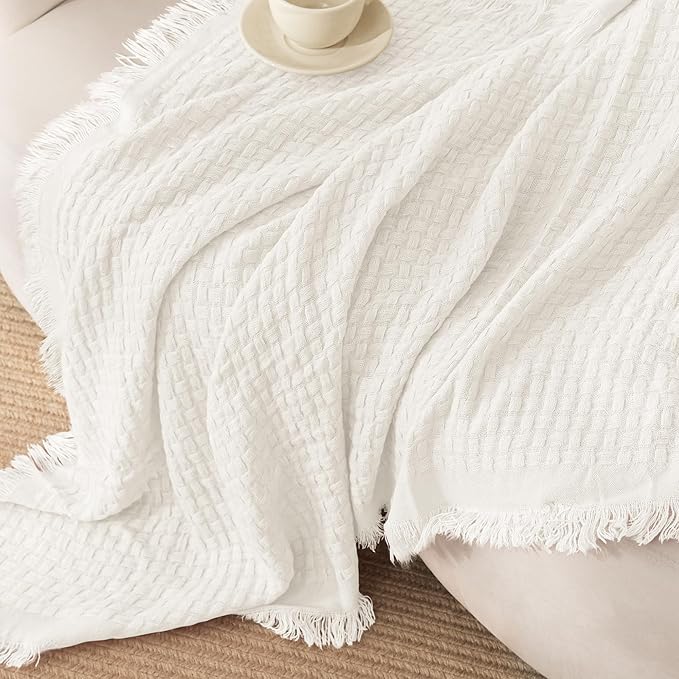 Exclusivo Mezcla Twin Size Knit Blanket with Fringes for Bed, Reversible Super Soft and Warm Woven Boho Throw for All Season, Home Decor, 60"x80", Ivory